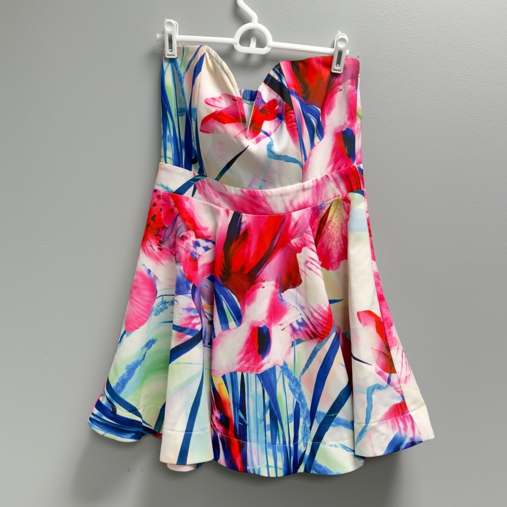 Strapless Floral Fit & Flare Dress Women M Pink Blue Tropical Print Sweetheart